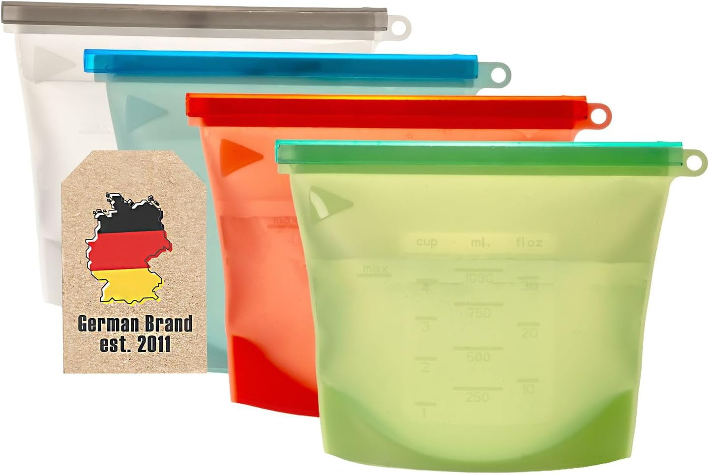 INTIRILIFE 4X Lebensmittelbeutel Silikon, 1L Füllmenge Mehrere Farben -23 X 17,5 Cm- Wiederverwendbar Zip Verschluss, Gefrier - Und Aufbewahrungsbeutel Für Gemüse Fleisch Snacks Spülmaschinengeeignet